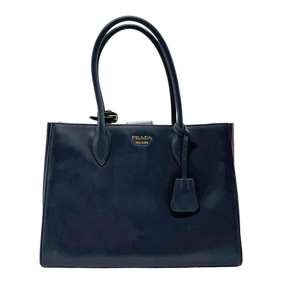 Prada Bibliotheque Leather Shoulder Bag Navy Blue